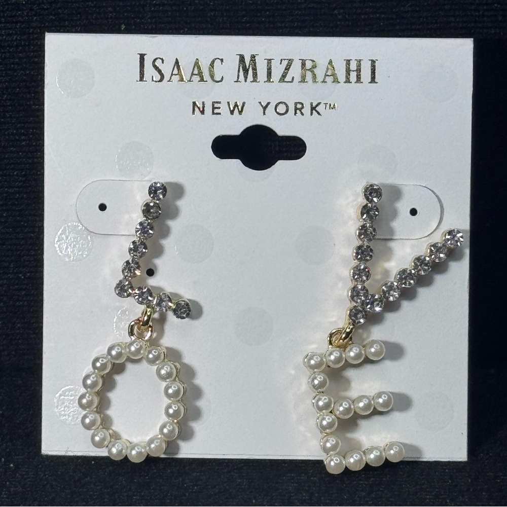 Isaac Mizrahi Pearl & Crystal “LOVE” Post Earrings 1.75in approx